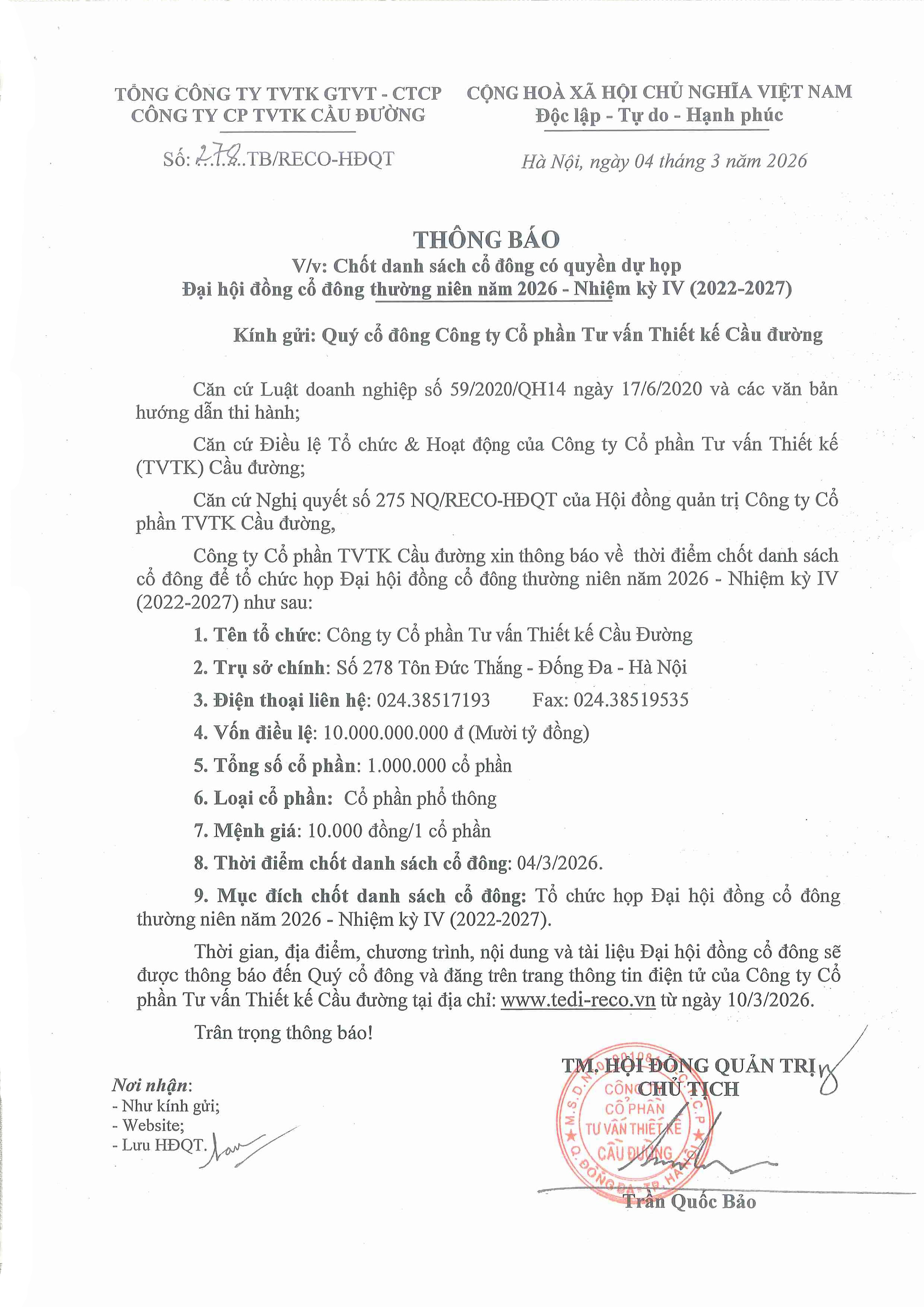 Đại hội đồng cổ đông thường niên năm 2026 - Nhiệm kỳ IV -  (năm 2022 - 2027)